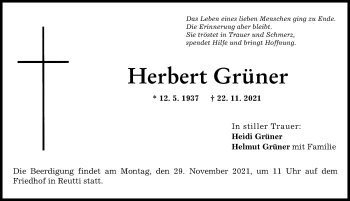 Traueranzeige von Herbert Grüner von Neu-Ulmer Zeitung