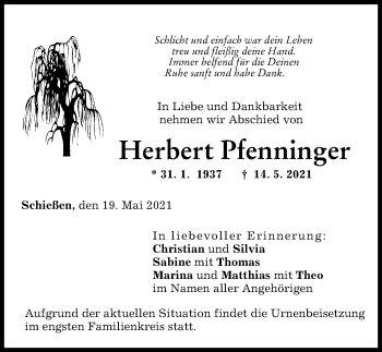 Traueranzeige von Herbert Pfenninger von Neu-Ulmer Zeitung