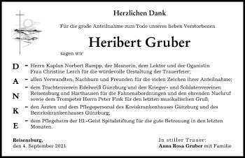 Traueranzeige von Heribert Gruber von Günzburger Zeitung