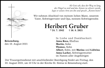 Traueranzeige von Heribert Gruber von Günzburger Zeitung