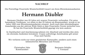 Traueranzeige von Hermann Däubler von Schwabmünchner Allgemeine