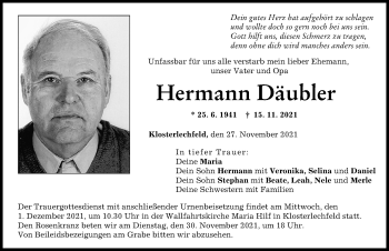 Traueranzeige von Hermann Däubler von Schwabmünchner Allgemeine