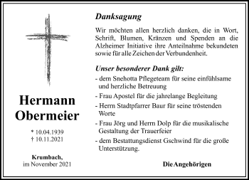 Traueranzeige von Hermann Obermeier von Illertisser Zeitung, Mittelschwäbische Nachrichten