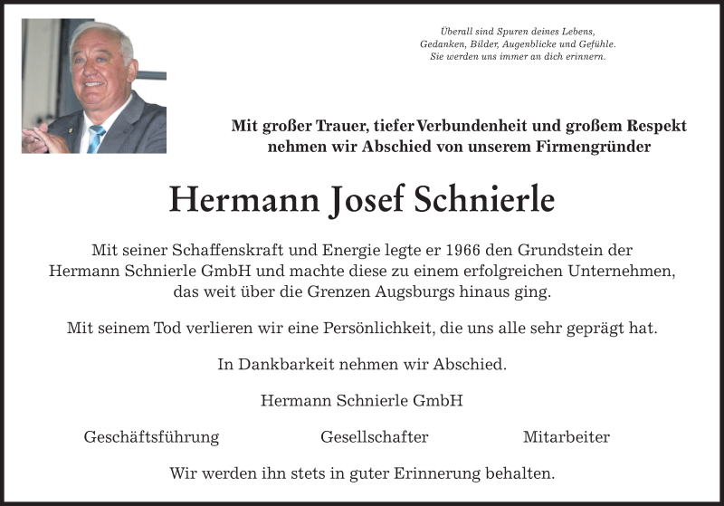  Traueranzeige für Hermann Josef Schnierle vom 04.12.2021 aus Augsburger Allgemeine