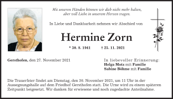 Traueranzeige von Hermine Zorn von Augsburger Allgemeine