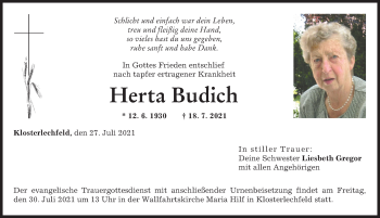 Traueranzeige von Herta Budich von Schwabmünchner Allgemeine