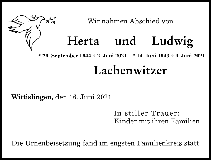  Traueranzeige für Herta Lachenwitzer vom 16.06.2021 aus Donau Zeitung