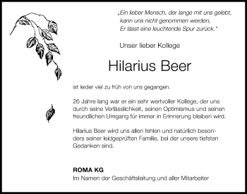Traueranzeige von Hilarius Beer von Günzburger Zeitung
