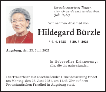 Traueranzeige von Hildegard Bürzle von Augsburger Allgemeine