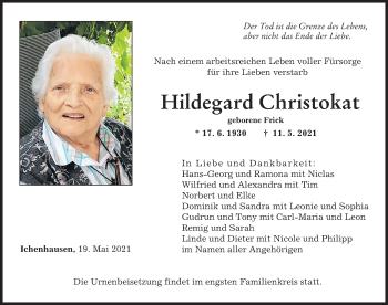 Traueranzeige von Hildegard Christokat von Günzburger Zeitung