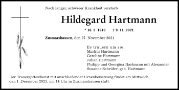 Traueranzeige von Hildegard Hartmann von Augsburger Allgemeine