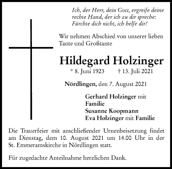 Traueranzeige von Hildegard Holzinger von Rieser Nachrichten