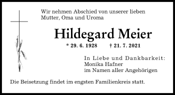 Traueranzeige von Hildegard Meier von Augsburger Allgemeine