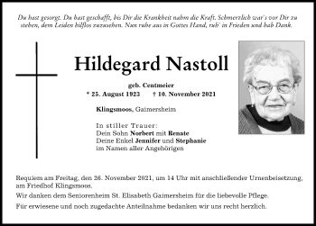 Traueranzeige von Hildegard Nastoll von Neuburger Rundschau
