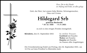 Traueranzeige von Hildegard Srb von Günzburger Zeitung