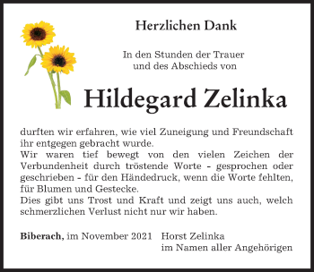 Traueranzeige von Hildegard Zelinka von Neu-Ulmer Zeitung