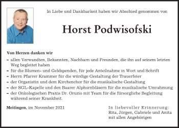 Traueranzeige von Horst Podwisofski von Augsburger Allgemeine