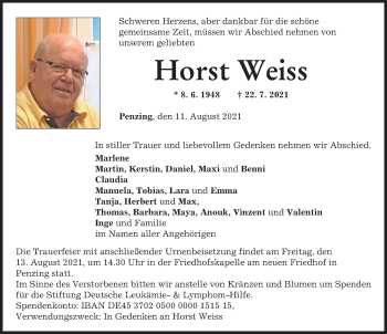 Traueranzeige von Horst Weiss von Landsberger Tagblatt