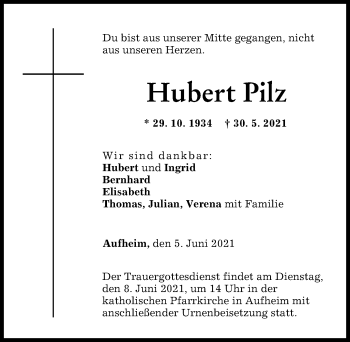 Traueranzeige von Hubert Pilz von Neu-Ulmer Zeitung