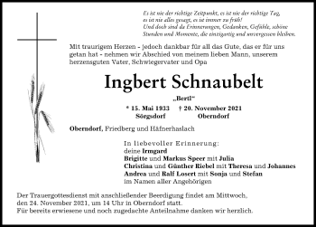 Traueranzeige von Ingbert Schnaubelt von Donauwörther Zeitung