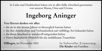 Traueranzeige von Ingeborg Aninger von Donau Zeitung
