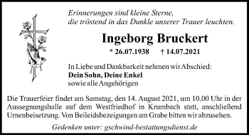 Traueranzeige von Ingeborg Bruckert von Mittelschwäbische Nachrichten