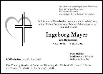 Traueranzeige von Ingeborg Mayer von Neu-Ulmer Zeitung