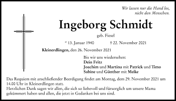 Traueranzeige von Ingeborg Schmidt von Rieser Nachrichten