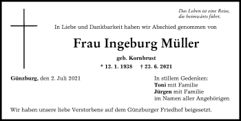 Traueranzeige von Ingeburg Müller von Günzburger Zeitung