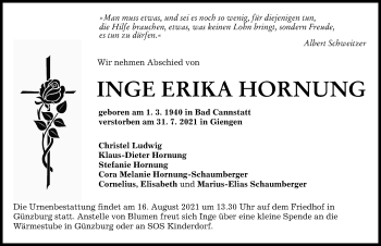 Traueranzeige von Inge Erika Hornung von Günzburger Zeitung