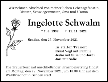 Traueranzeige von Ingelotte Schwalm von Neu-Ulmer Zeitung