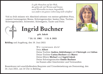 Traueranzeige von Ingrid Buchner von Aichacher Nachrichten