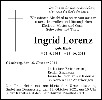 Traueranzeige von Ingrid Lorenz von Donau Zeitung, Günzburger Zeitung