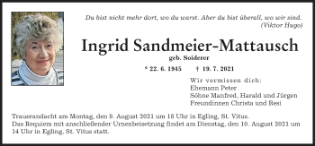 Traueranzeige von Ingrid Sandmeier-Mattausch von Landsberger Tagblatt