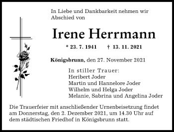 Traueranzeige von Irene Herrmann von Augsburger Allgemeine
