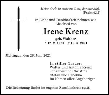 Traueranzeige von Irene Krenz von Augsburger Allgemeine