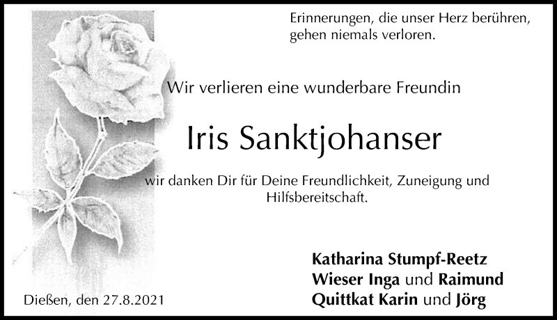  Traueranzeige für Iris Sanktjohanser vom 27.08.2021 aus Ammersee Kurier