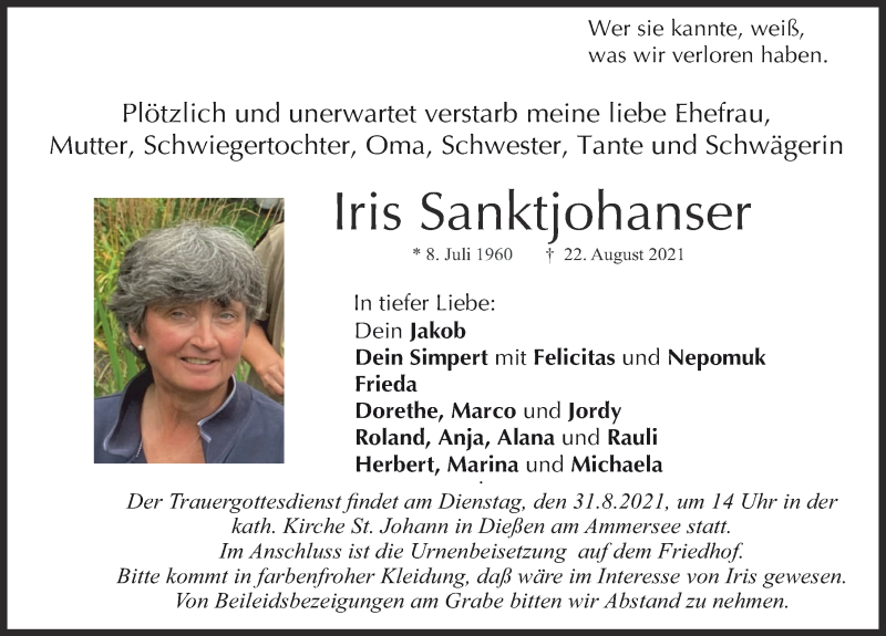  Traueranzeige für Iris Sanktjohanser vom 27.08.2021 aus Ammersee Kurier