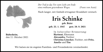 Traueranzeige von Iris Schinke von Günzburger Zeitung