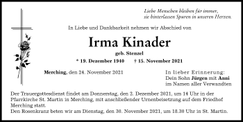 Traueranzeige von Irma Kinader von Landsberger Tagblatt, Friedberger Allgemeine