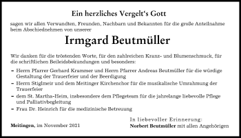 Traueranzeige von Irmgard Beutmüller von Wertinger Zeitung, Augsburg-Land