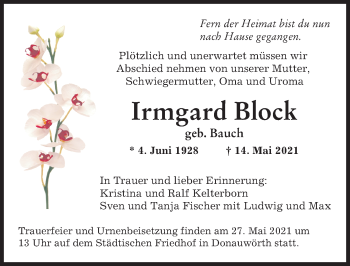 Traueranzeige von Irmgard Block von Donauwörther Zeitung