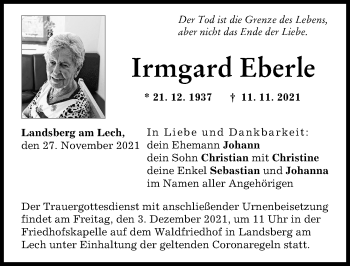 Traueranzeige von Irmgard Eberle von Landsberger Tagblatt