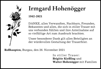 Traueranzeige von Irmgard Hohenögger von Günzburger Zeitung