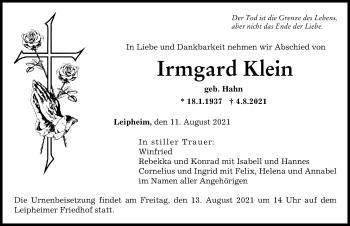 Traueranzeige von Irmgard Klein von Günzburger Zeitung