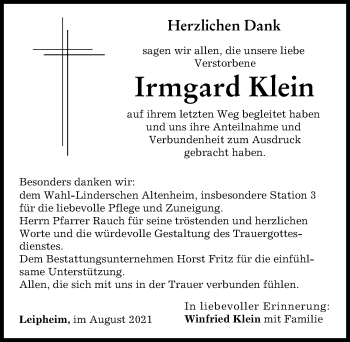 Traueranzeige von Irmgard Klein von Günzburger Zeitung