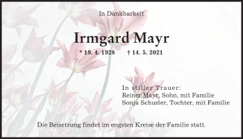 Traueranzeige von Irmgard Mayr von Augsburger Allgemeine