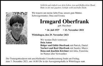 Traueranzeige von Irmgard Oberfrank von Donau Zeitung