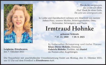 Traueranzeige von Irmtraud Hohnke von Günzburger Zeitung