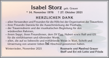 Traueranzeige von Isabel Storz von Memminger Zeitung
